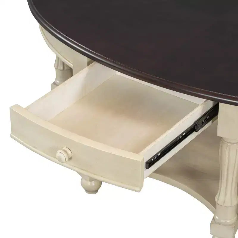 Table Basse Ovale Beige/Cerisier et Noyer avec Tiroir et Étagère, 1 pièce