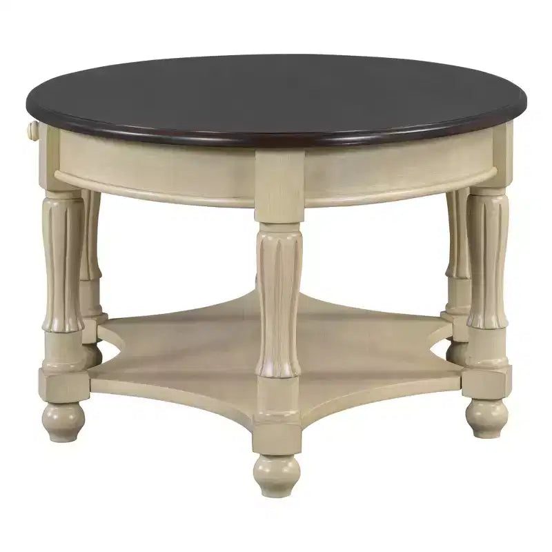 Table Basse Ovale Beige/Cerisier et Noyer avec Tiroir et Étagère, 1 pièce