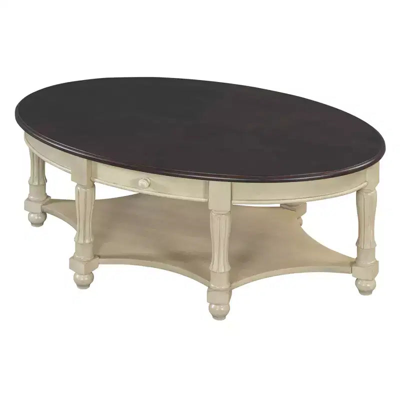 Table Basse Ovale Beige/Cerisier et Noyer avec Tiroir et Étagère, 1 pièce
