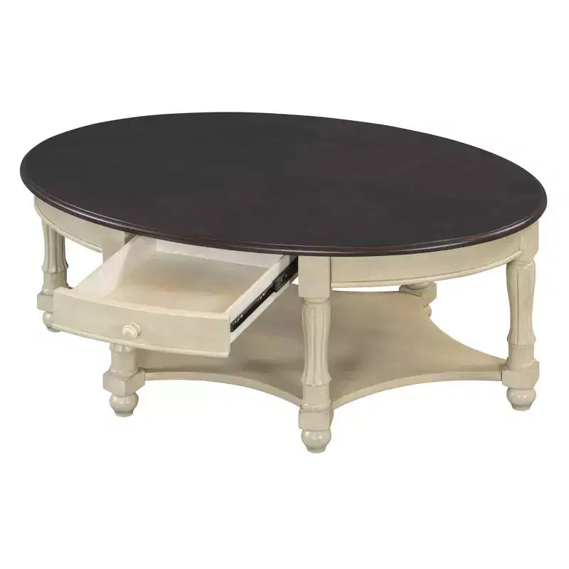 Table Basse Ovale Beige/Cerisier et Noyer avec Tiroir et Étagère, 1 pièce
