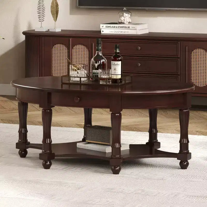 Table Basse Ovale Beige/Cerisier et Noyer avec Tiroir et Étagère, 1 pièce