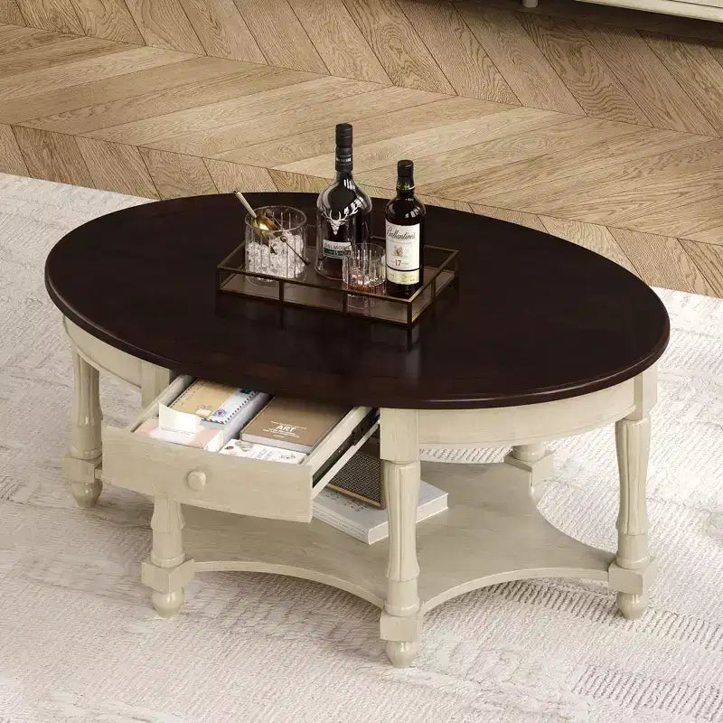 Table Basse Ovale Beige/Cerisier et Noyer avec Tiroir et Étagère, 1 pièce