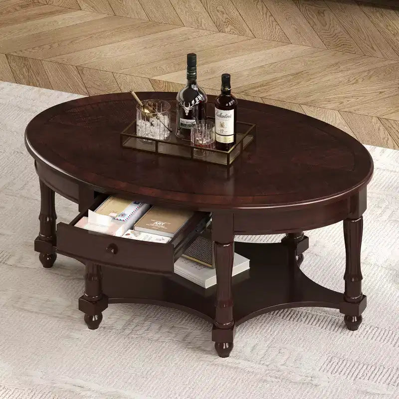 Table Basse Ovale Beige/Cerisier et Noyer avec Tiroir et Étagère, 1 pièce