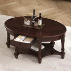 Table Basse Ovale Beige/Cerisier et Noyer avec Tiroir et Étagère, 1 pièce