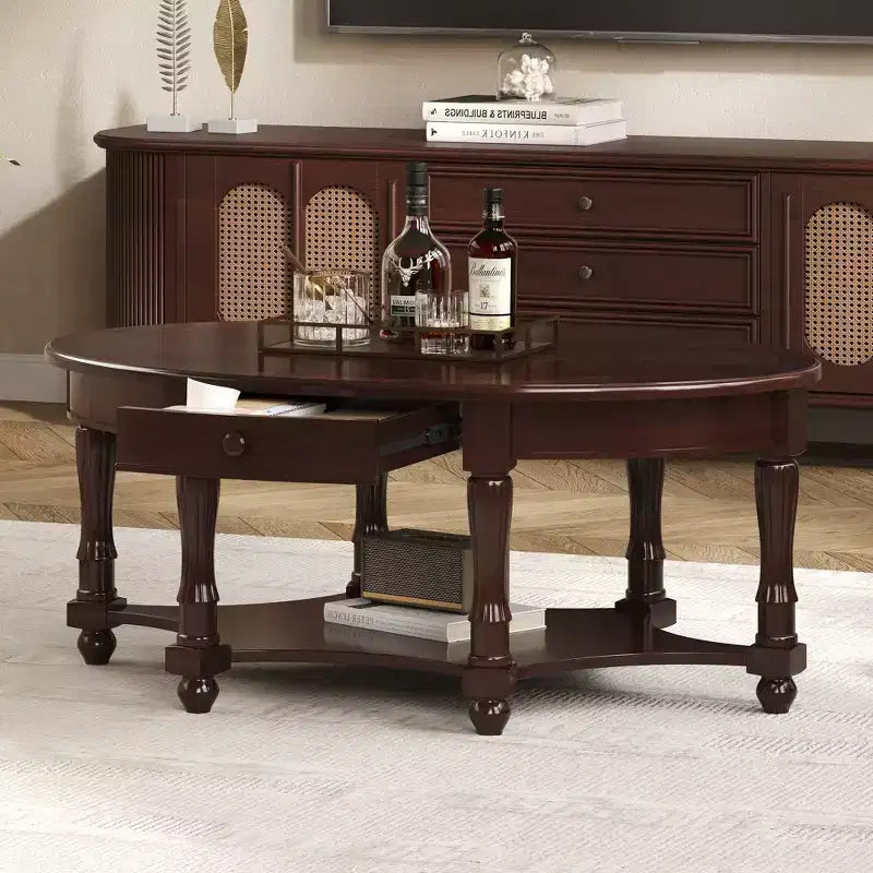 Table Basse Ovale Beige/Cerisier et Noyer avec Tiroir et Étagère, 1 pièce