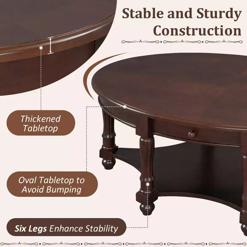 Table Basse Ovale Beige/Cerisier et Noyer avec Tiroir et Étagère, 1 pièce