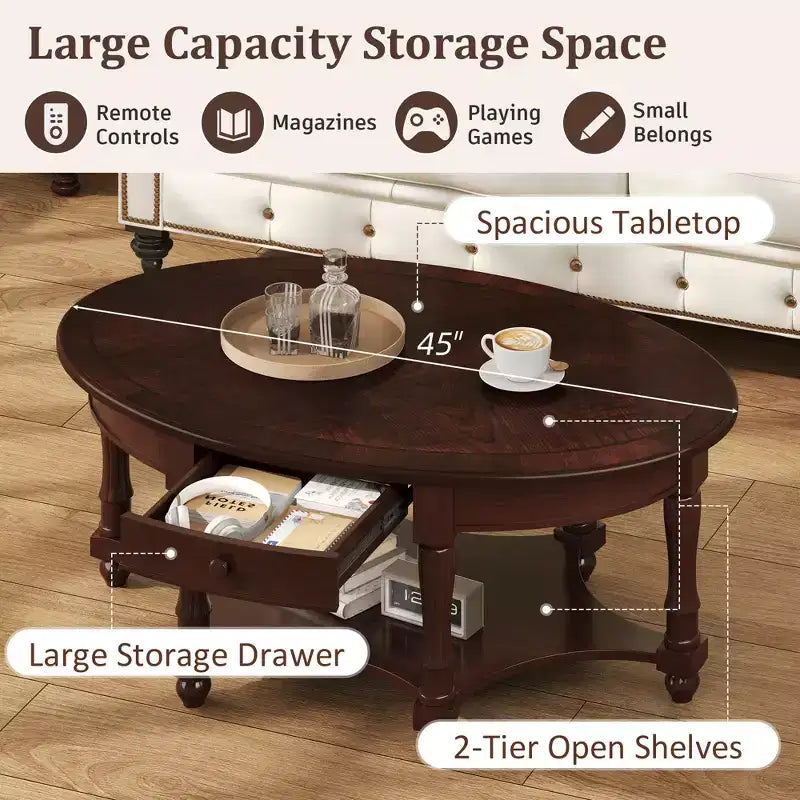 Table Basse Ovale Beige/Cerisier et Noyer avec Tiroir et Étagère, 1 pièce