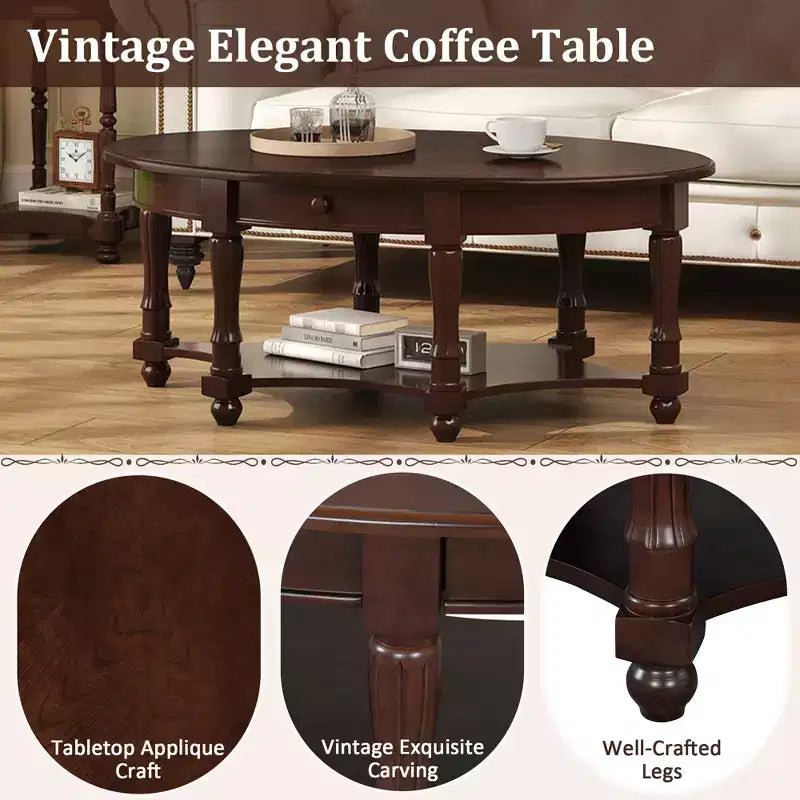 Table Basse Ovale Beige/Cerisier et Noyer avec Tiroir et Étagère, 1 pièce