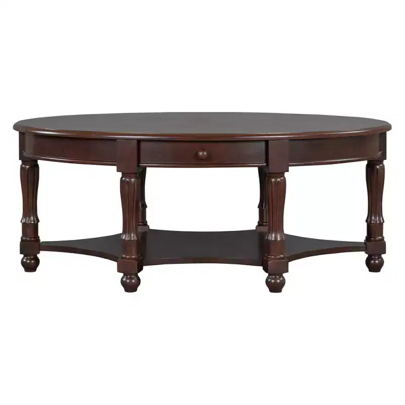 Table Basse Ovale Beige/Cerisier et Noyer avec Tiroir et Étagère, 1 pièce