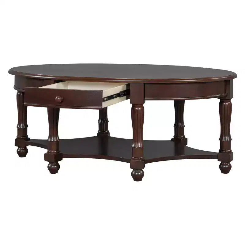 Table Basse Ovale Beige/Cerisier et Noyer avec Tiroir et Étagère, 1 pièce