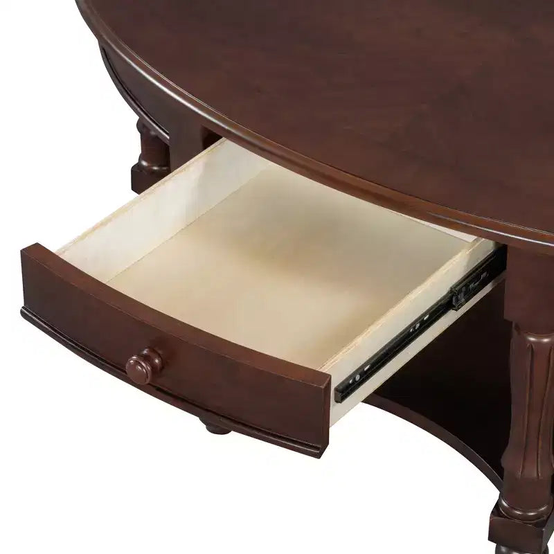 Table Basse Ovale Beige/Cerisier et Noyer avec Tiroir et Étagère, 1 pièce