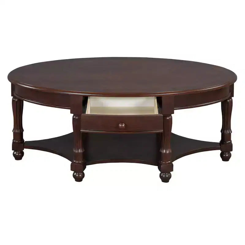 Table Basse Ovale Beige/Cerisier et Noyer avec Tiroir et Étagère, 1 pièce