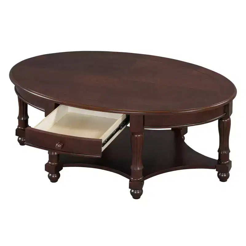 Table Basse Ovale Beige/Cerisier et Noyer avec Tiroir et Étagère, 1 pièce