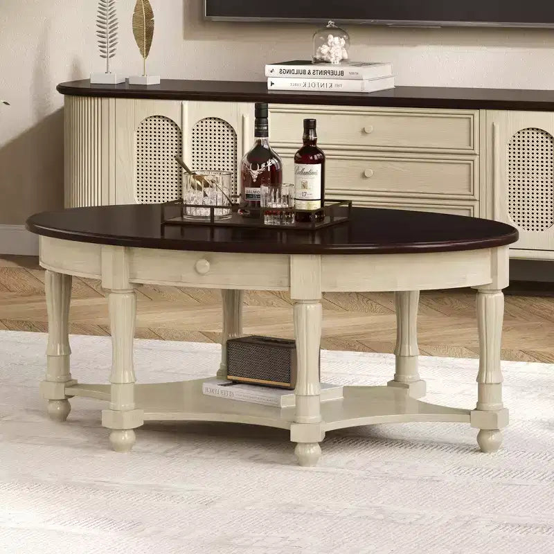 Table Basse Ovale Beige/Cerisier et Noyer avec Tiroir et Étagère, 1 pièce