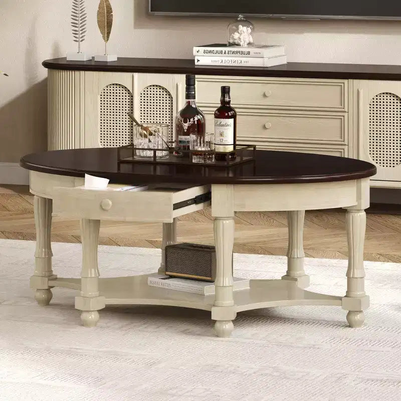 Table Basse Ovale Beige/Cerisier et Noyer avec Tiroir et Étagère, 1 pièce