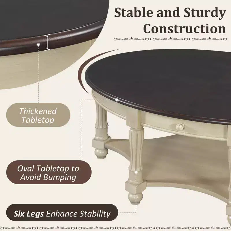 Table Basse Ovale Beige/Cerisier et Noyer avec Tiroir et Étagère, 1 pièce