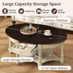 Table Basse Ovale Beige/Cerisier et Noyer avec Tiroir et Étagère, 1 pièce