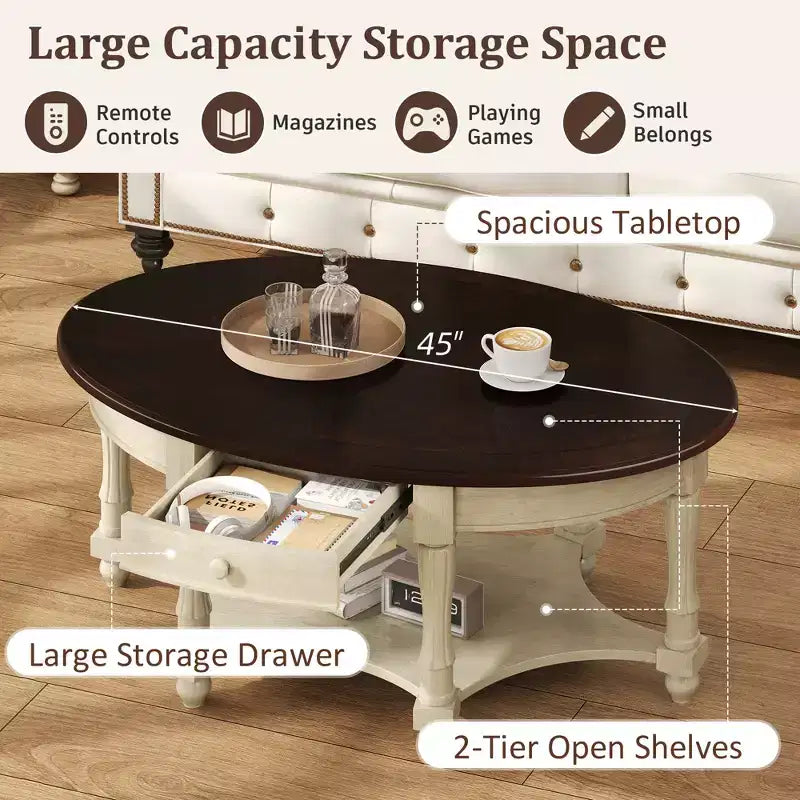 Table Basse Ovale Beige/Cerisier et Noyer avec Tiroir et Étagère, 1 pièce