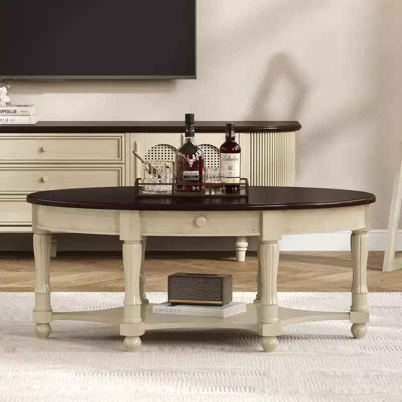 Vintage Oval Coffee Table with Storage Drawer and Shelf, Antique Wood Center Table for Living Room