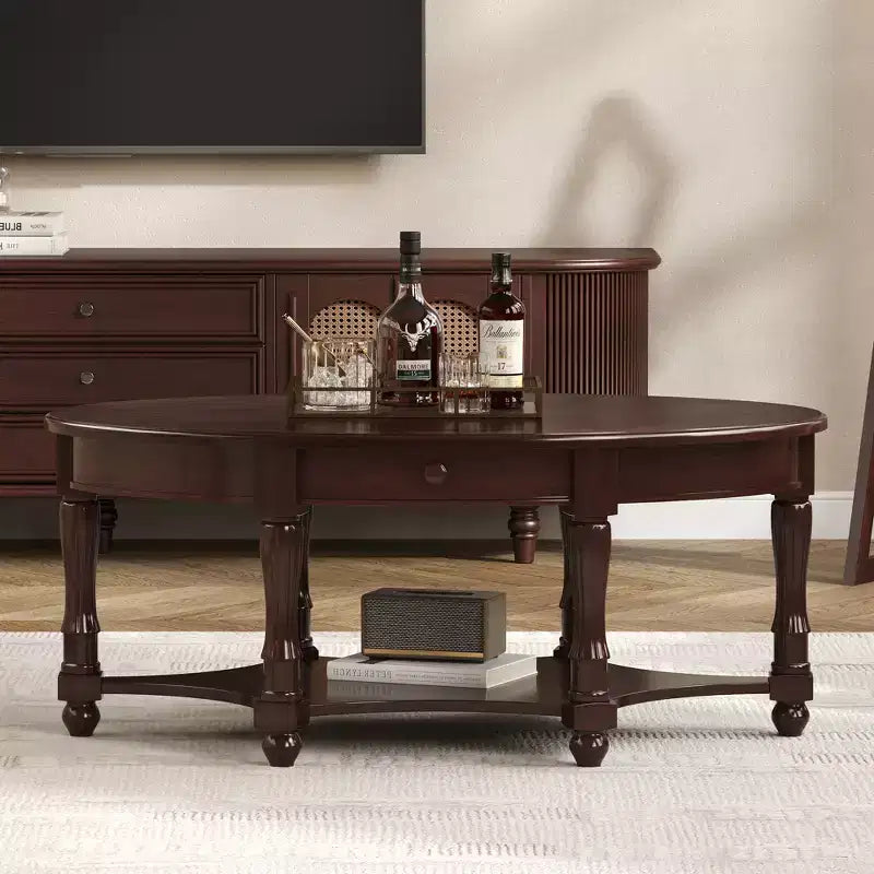 Table Basse Ovale Beige/Cerisier et Noyer avec Tiroir et Étagère, 1 pièce