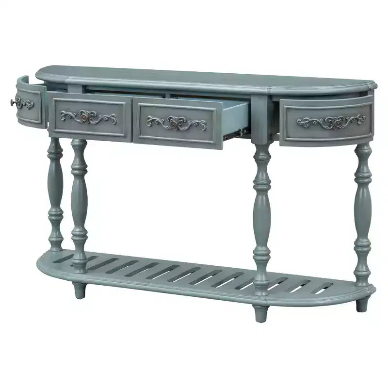 Console demi-lune avec 4 tiroirs et étagère, bleu/noir antique, assemblage par 1 personne