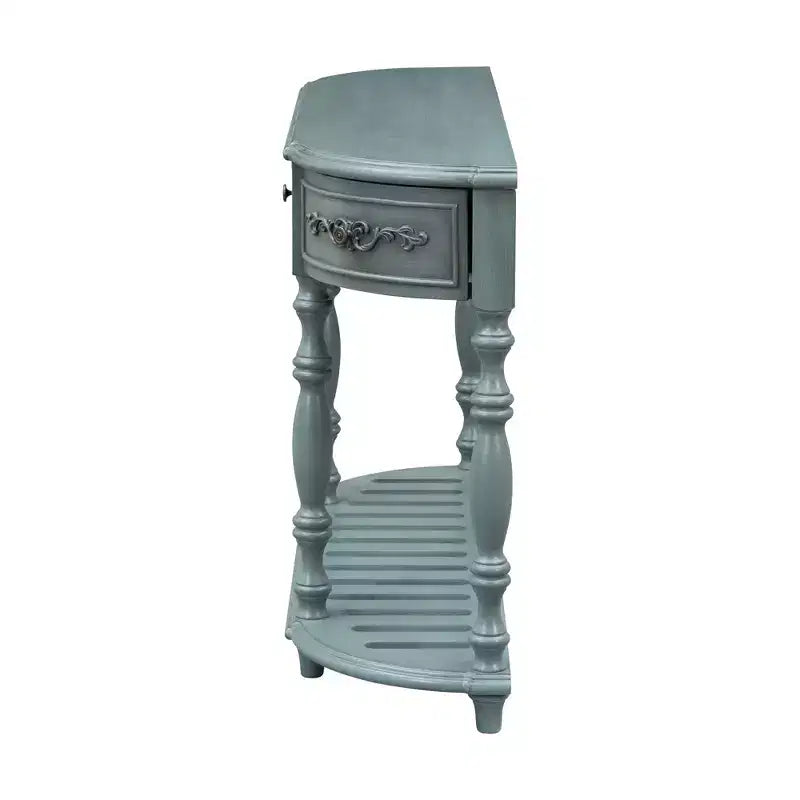 Console demi-lune avec 4 tiroirs et étagère, bleu/noir antique, assemblage par 1 personne