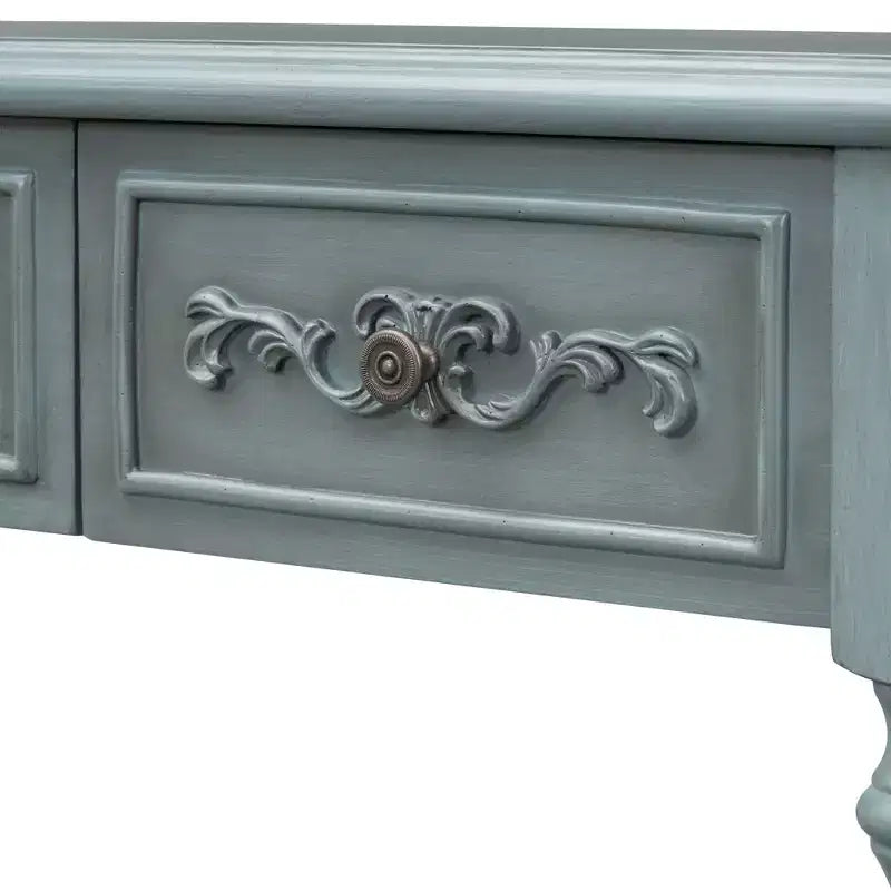 Console demi-lune avec 4 tiroirs et étagère, bleu/noir antique, assemblage par 1 personne
