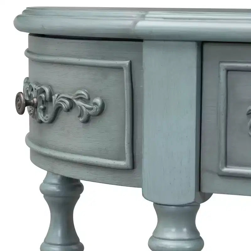 Console demi-lune avec 4 tiroirs et étagère, bleu/noir antique, assemblage par 1 personne
