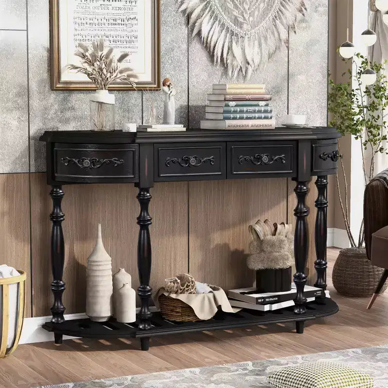 Console demi-lune avec 4 tiroirs et étagère, bleu/noir antique, assemblage par 1 personne