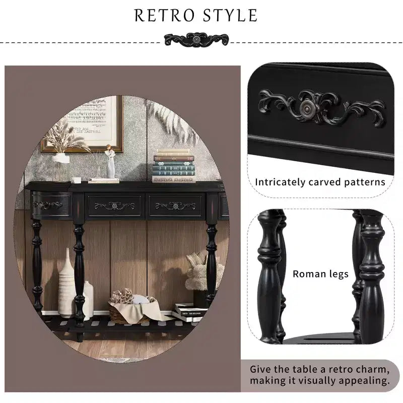 Console demi-lune avec 4 tiroirs et étagère, bleu/noir antique, assemblage par 1 personne