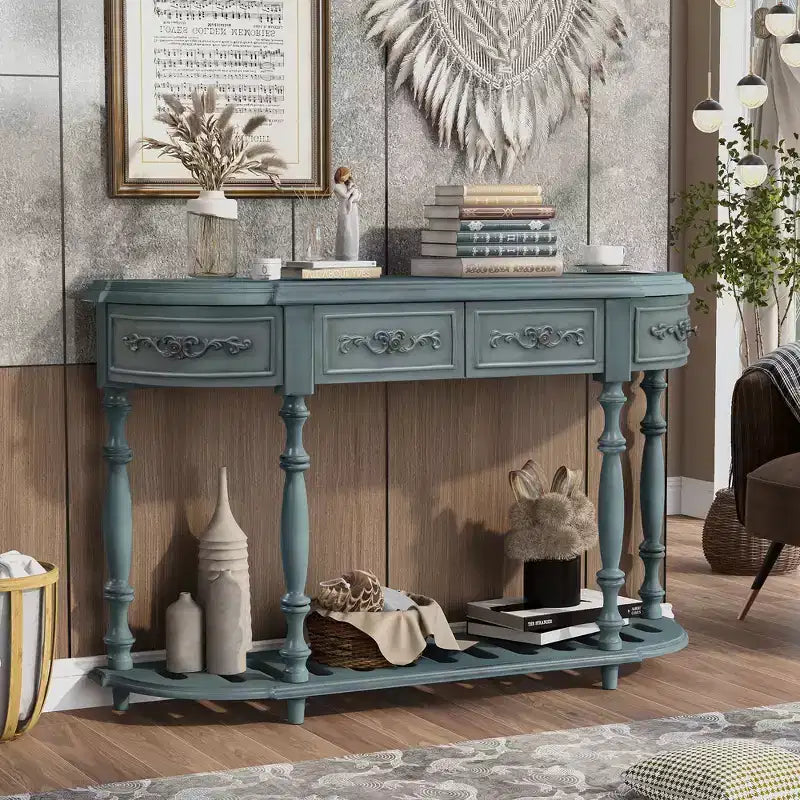 Console demi-lune avec 4 tiroirs et étagère, bleu/noir antique, assemblage par 1 personne