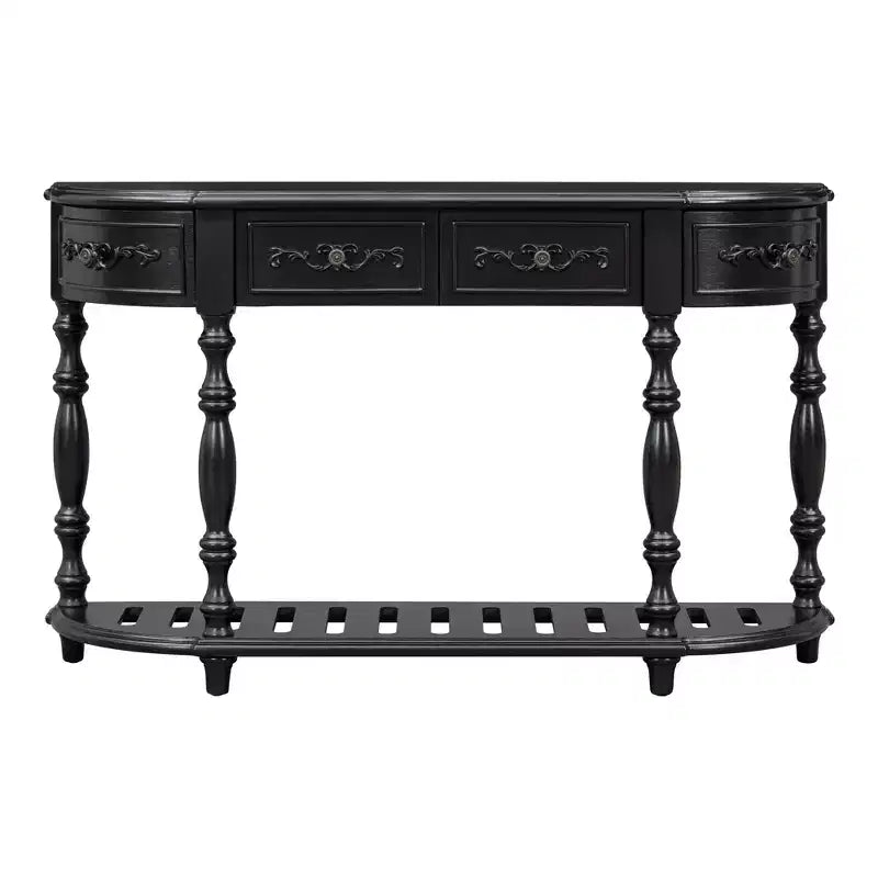 Console demi-lune avec 4 tiroirs et étagère, bleu/noir antique, assemblage par 1 personne