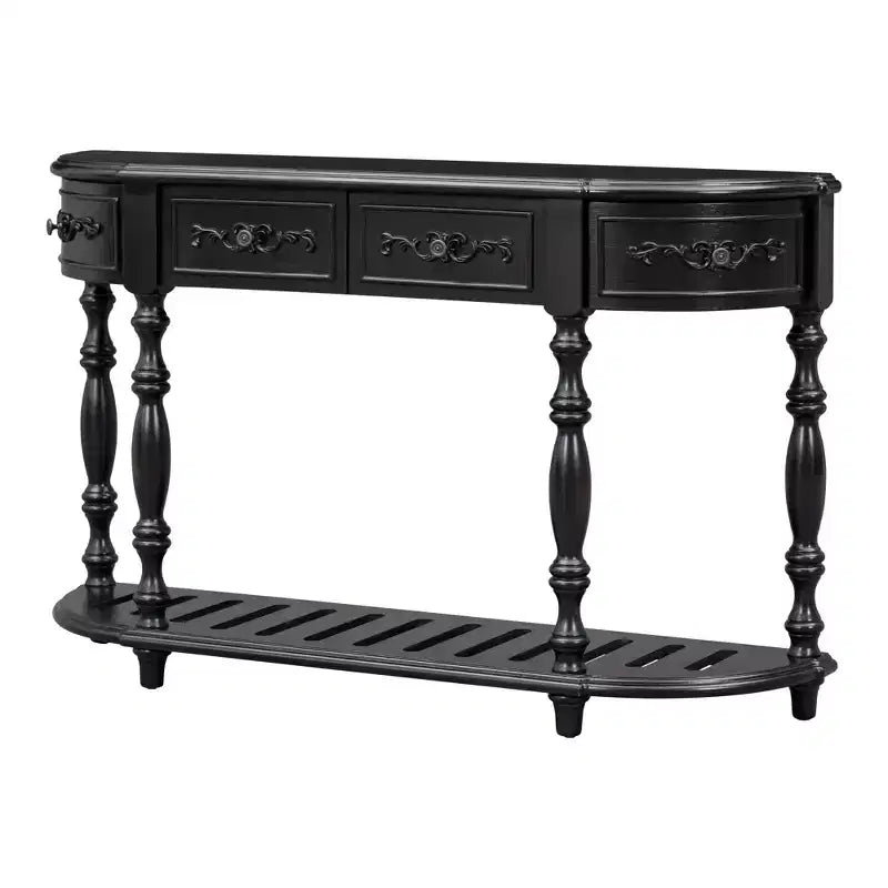 Console demi-lune avec 4 tiroirs et étagère, bleu/noir antique, assemblage par 1 personne
