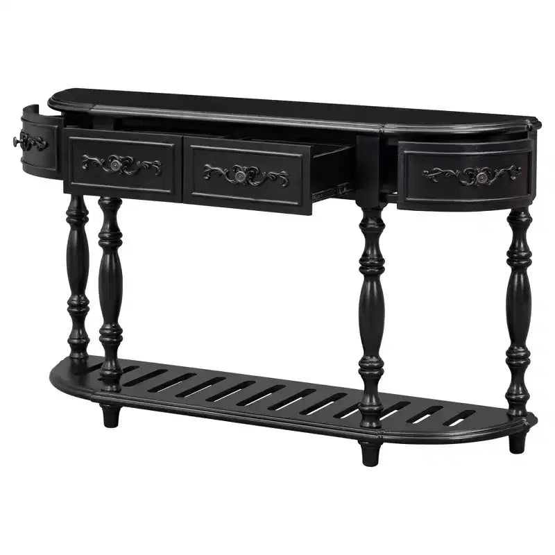 Console demi-lune avec 4 tiroirs et étagère, bleu/noir antique, assemblage par 1 personne