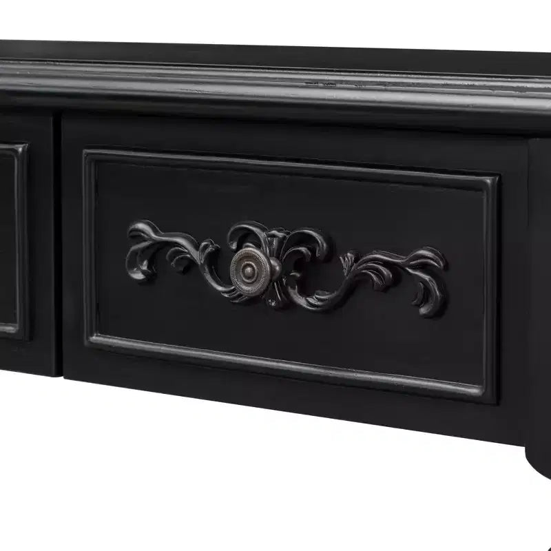 Console demi-lune avec 4 tiroirs et étagère, bleu/noir antique, assemblage par 1 personne
