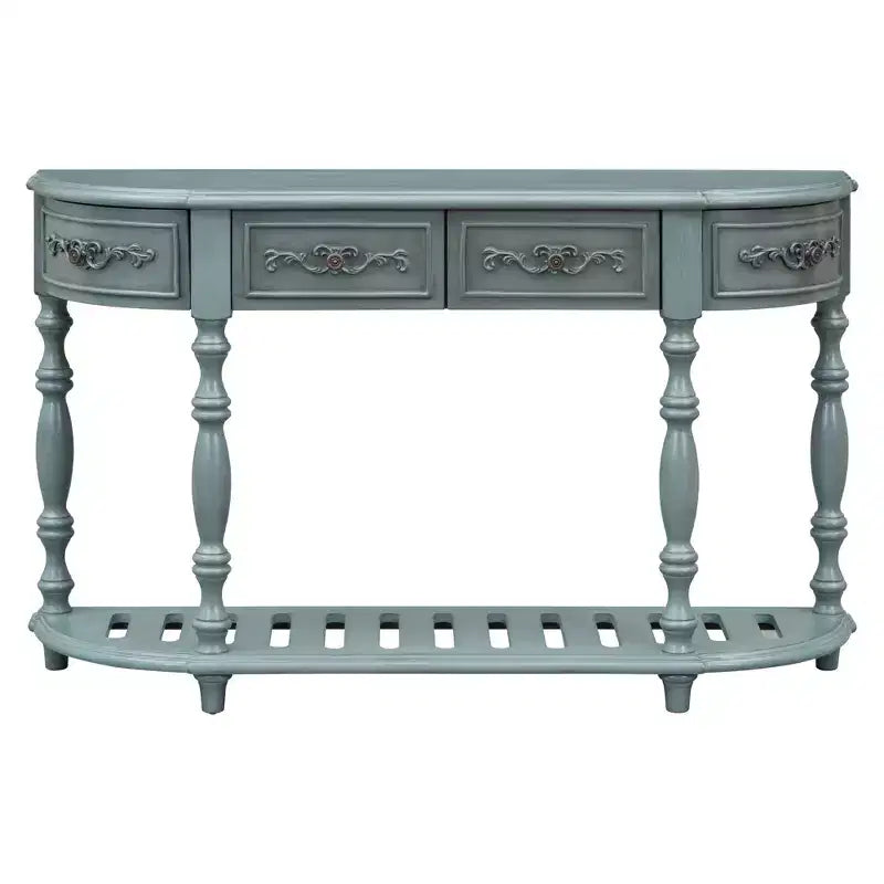 Console demi-lune avec 4 tiroirs et étagère, bleu/noir antique, assemblage par 1 personne