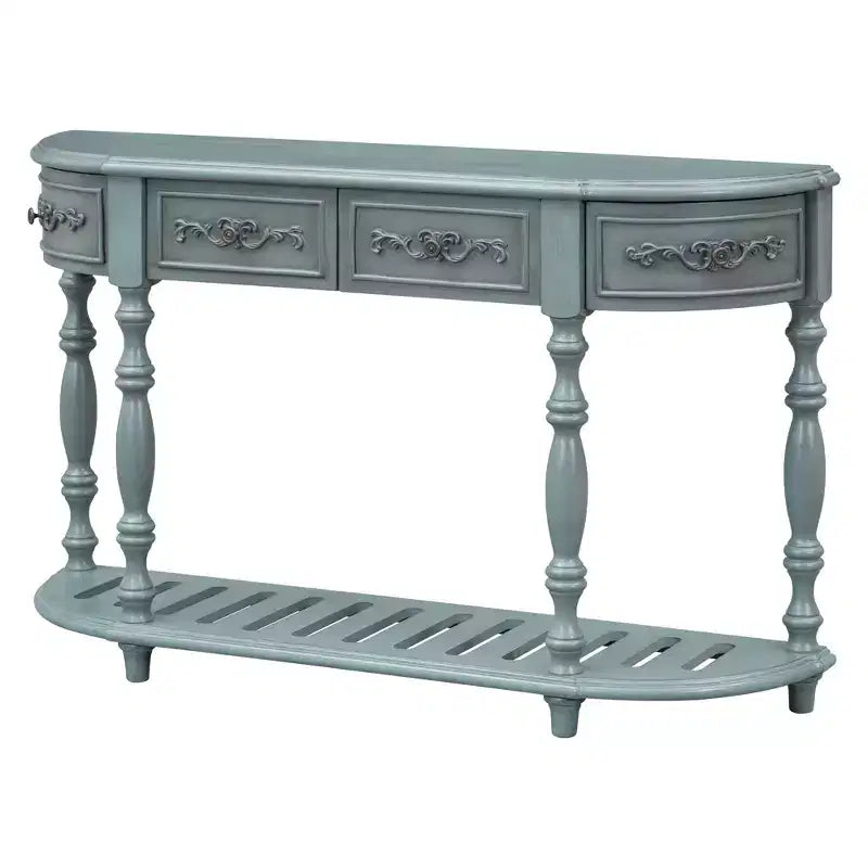 Console demi-lune avec 4 tiroirs et étagère, bleu/noir antique, assemblage par 1 personne