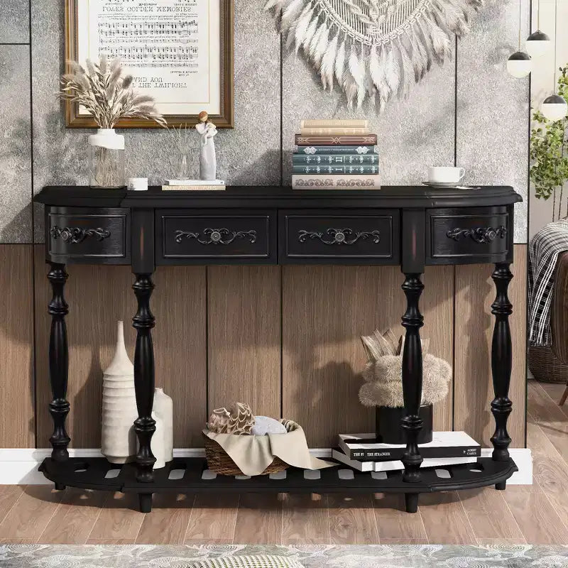 Console demi-lune avec 4 tiroirs et étagère, bleu/noir antique, assemblage par 1 personne