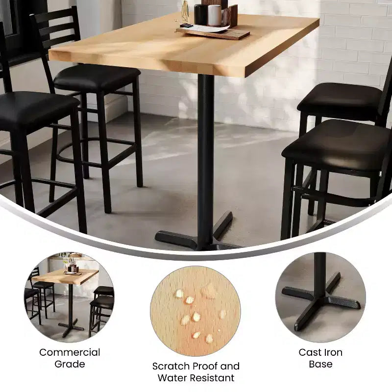 Table de bar brun foncé/naturel avec plateau et pied en X noir, 4 places
