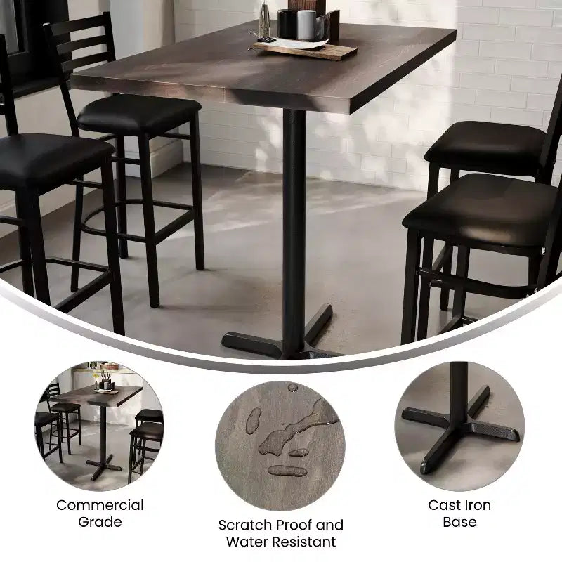 Table de bar brun foncé/naturel avec plateau et pied en X noir, 4 places