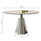 Table à manger ronde, plateau en verre noir et pied argenté, 4 places