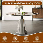 Table à manger ronde, plateau en verre noir et pied argenté, 4 places