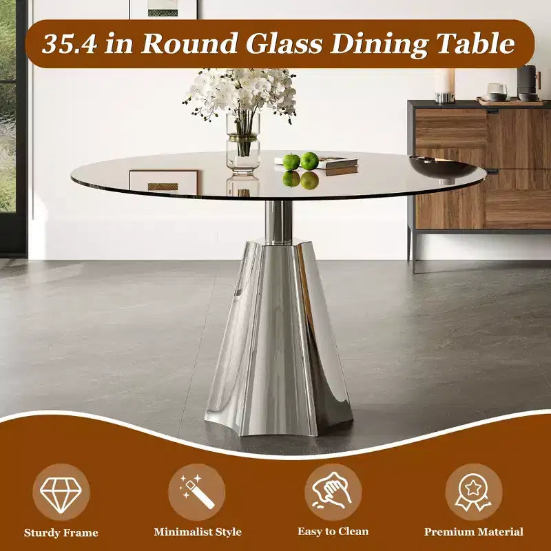 Table à manger ronde, plateau en verre noir et pied argenté, 4 places