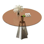 Table à manger ronde, plateau en verre noir et pied argenté, 4 places