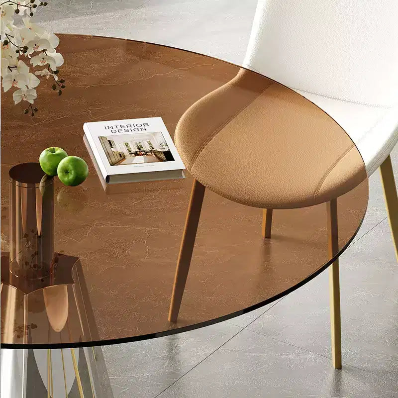 Table à manger ronde, plateau en verre noir et pied argenté, 4 places