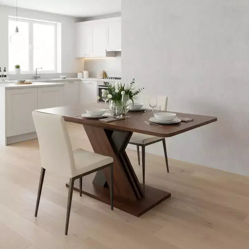 Table à manger rectangulaire extensible en noyer brun, piètement en X, 6 places