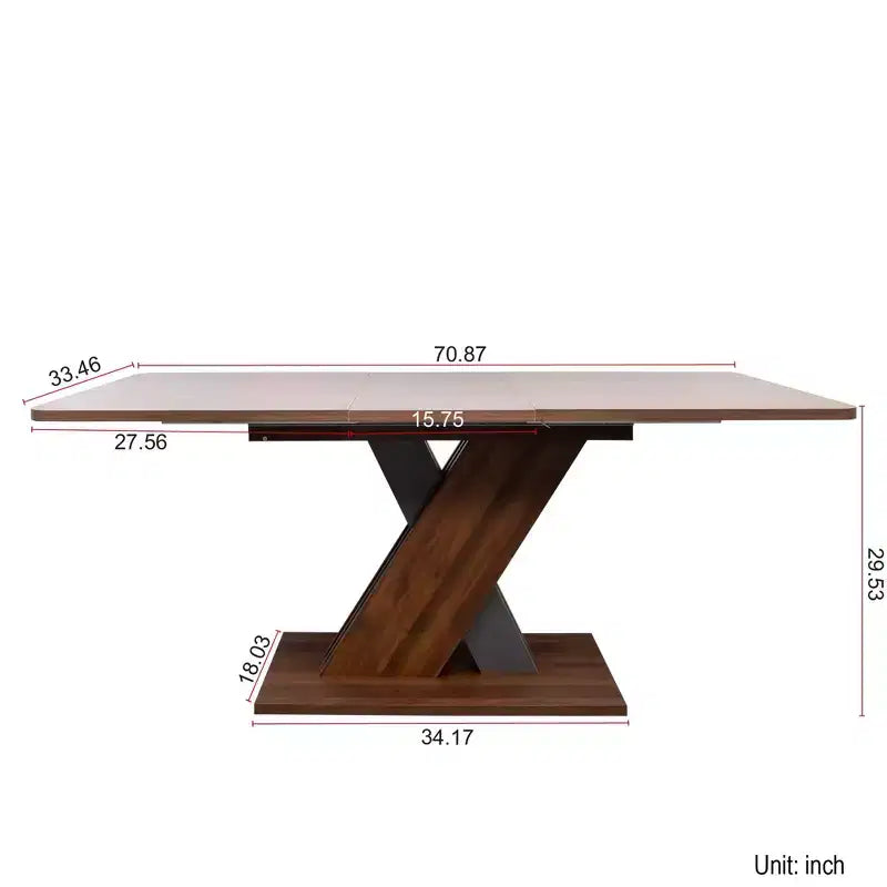 Table à manger rectangulaire extensible en noyer brun, piètement en X, 6 places