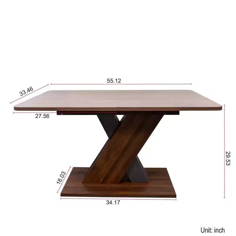Table à manger rectangulaire extensible en noyer brun, piètement en X, 6 places