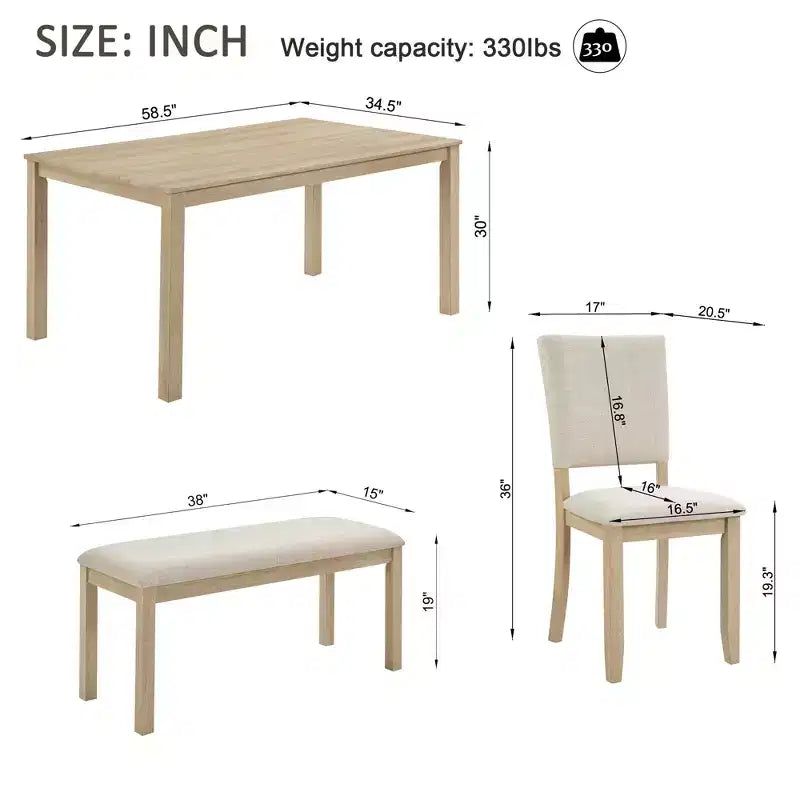Marron Naturel / Rectangulaire / 6 places — Ensemble de salle à manger 7 pièces (Table, Banc et 4 chaises)