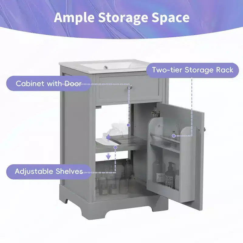 Meuble-lavabo de salle de bain 20 po avec évier, noir/gris, porte à fermeture douce, évier simple, autoportant